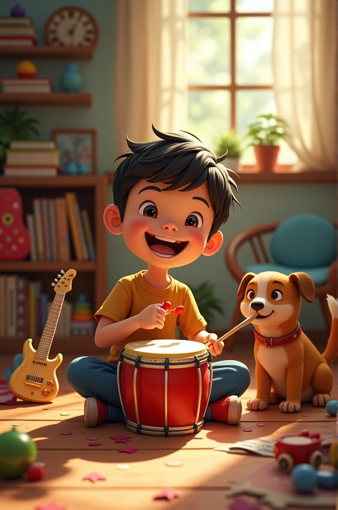 SCENE 1: En Casa de Thomas
Descripción: Thomas, a boy of about , is in a common room full of toys and books, playing a toy drum with enthusiasm. Your dog, Max, is at your side.
Composition: Thomas sentado en el suelo, surrounded by toy musical instruments, with Max wagging his tail to the beat.