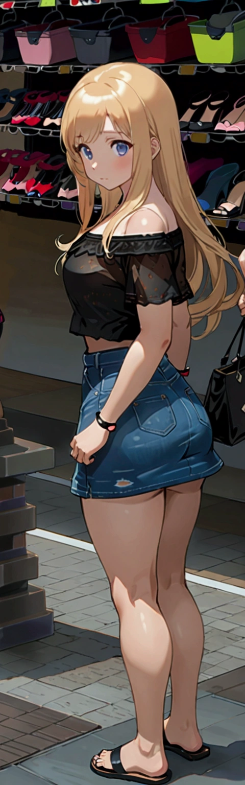 realistic anime illustration of pretty blonde long hair woman is waiting bus at shopping district, (+forehead), she wearing black short sleeve off-shoulder, blue denim pencil mini skirt, black sandals, (front view, looking at viewer), (masterpiece, best quality, japanese anime style), (expressive eyes, perfect face)