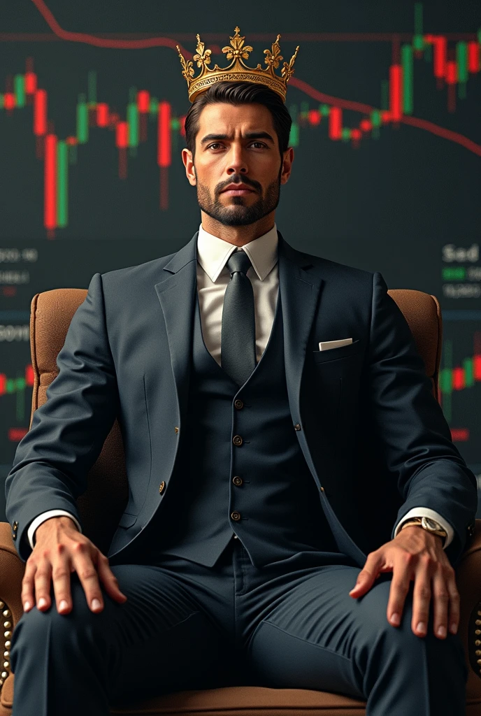 A cool looking slim guy with brown hair. Wearing a suit and a gold crown on his head sat on top of a trading chart. 