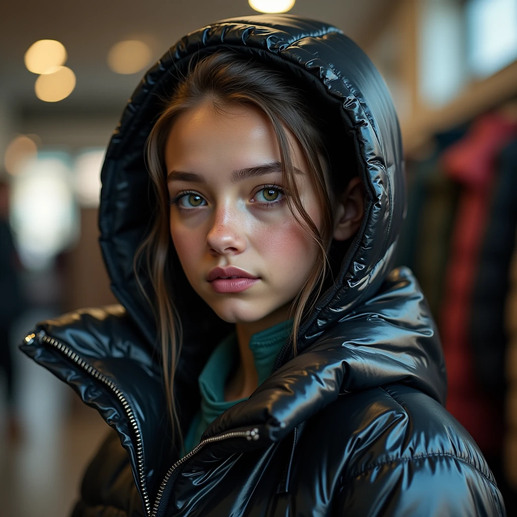 complete portrait of a slim ponytail 16 year old girl,beautiful detailed eyes,beautiful freckles,beautiful detailed lips,extremely detailed eyes and face,longeyelashes,in beautiful detailed hooded formfitting duvetica overfilled shiny super gleamy super thick glossy opened puffer jacket covering her zipped padded vest,latex stirrup legging,symmetrical,standing in a pufferstore,masterpiece,cinematic,lifelike,hyperrealistic,8k,photorealistic,highly detailed,intricate,exquisite,elegant,beautiful,stunning