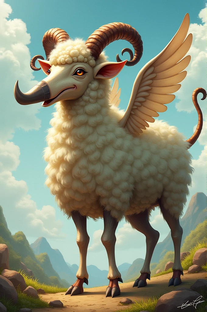 Sheep with beaks, wings, tusks and a long tail