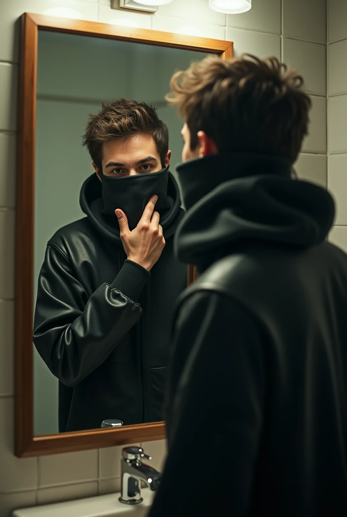 Create me a picture for my Facebook profile where it's a real but fake person where he's taking a picture in a bathroom mirror but he's covering his face, he's white and has a leather sweatshirt.