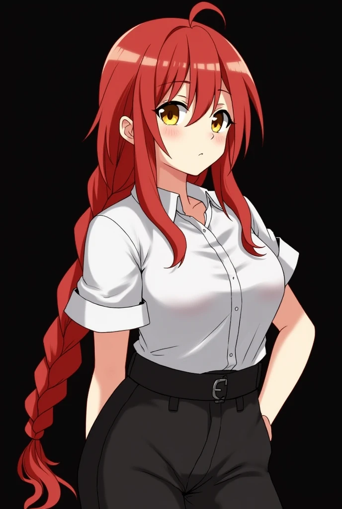 Makima \(chainsaw man\), Tenir un couteau, Pluie de sang, 1fille, seulement, Debout, Cheveux roux, long braided hair, golden eyes, frange, seins moyens, Chemise blanche, attacher, rester, Ils sourient, (be:1.2), Regarder le spectateur, (interview:1.3), background dark, pantalon, Pantalon noir, the best quality, glowy skin, Highest quality, High resolution, ventre, gigantic breast, big breast, giant breast, big ,