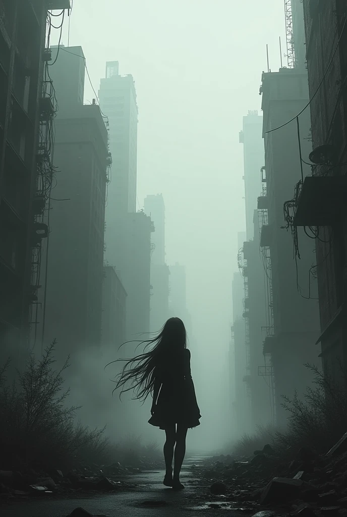 I want a picture of a destroyed city with the color black with fog with the character she has long hair in the front with little vegetation