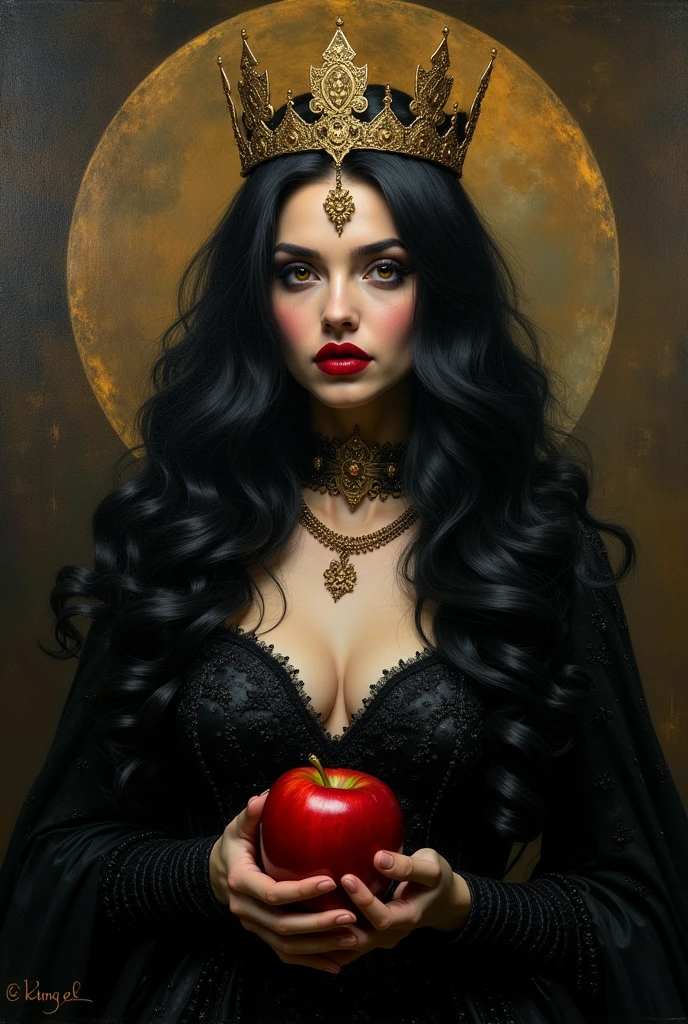 Girl with black long hair and red lipstick, portrayed as a Black Queen or Witch Queen, holding a poison apple, adorned with accessories, oil painting on canvas, Pre-Raphaelite style, rich dark colors, intricate details, dramatic lighting, Gothic undertones, inspired by John William Waterhouse and Gustav Klimt, ornate golden elements, symbolic imagery, mysterious atmosphere, contrasting tex