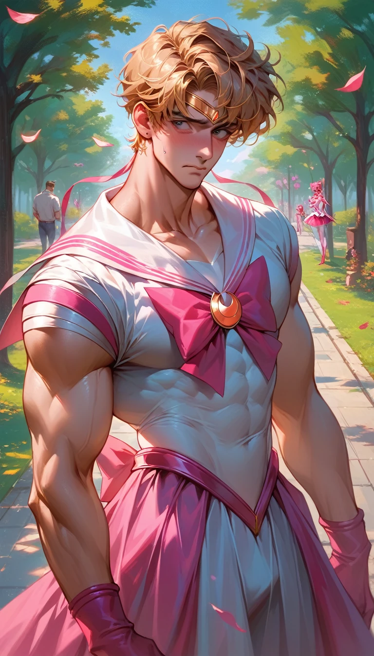 A handsome, tall, muscular man, mature male, in a park close to a sakura tree, viewed from his front, wearing a cute tight pink magical girl sailor moon dress, embarrassed expression