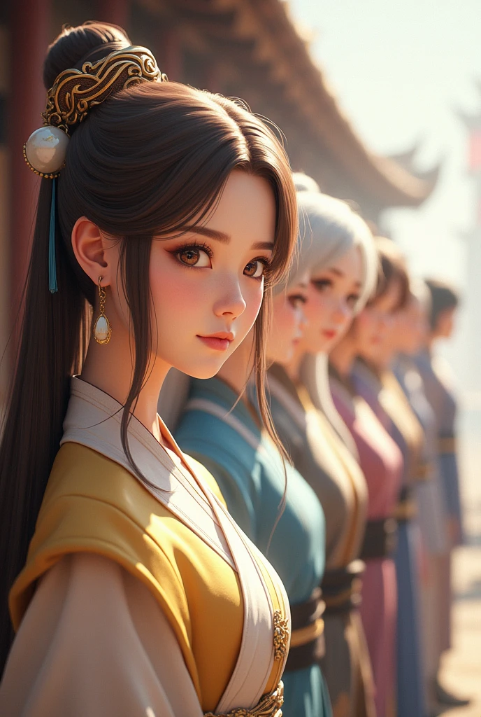 a close up of a group of people (3 girls and 4 boys) standing next to each other, game cg, xianxia fantasy, chinese fantasy, full body wuxia, chinese mmorpg, xianxia hero, korean mmo, wuxia, dynasty warriors, g liulian art style, mmorpg, by Ren Renfa, inspired by Pu Hua, mmorpg fantasy, 4k,8k RAW, High Resolution, Extream detailed, 3 girls and 4 boys, 1girl with brown hair and brown eyes used white clothes, big breasy, 1girl in a silver hair and used blue clothes, 1girl in a white hair and used yellow clothes, 3girls line up parallel in front, 4boys line up parallel in behind, all look at the camera, very detailed every character,