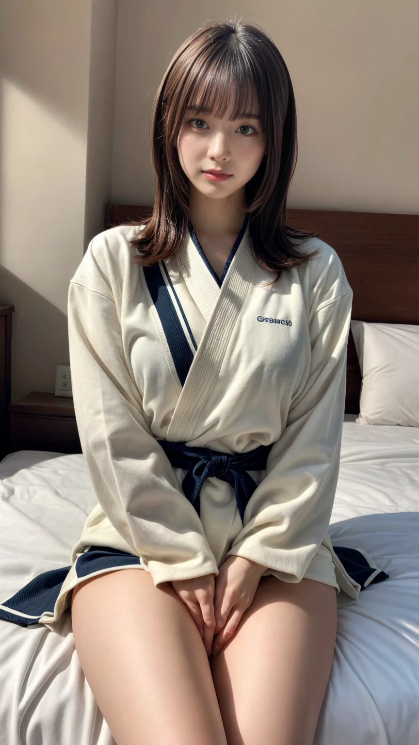 masterpiece, best quality, illustration, Super detailed, fine details, High resolution, 8K,wall paper, perfect dynamic composition,(Details High quality, realistic depiction of eyes:1.3), oversized judo uniform white, sitting, open legs, short bob hair, in a hotel room in the background, large breasts, black hair color, Big Natural Color Lip, (perfect body shape), crying a little、Harajuku style、20 year old girl、cute type、beautiful legs, Gravure Idol