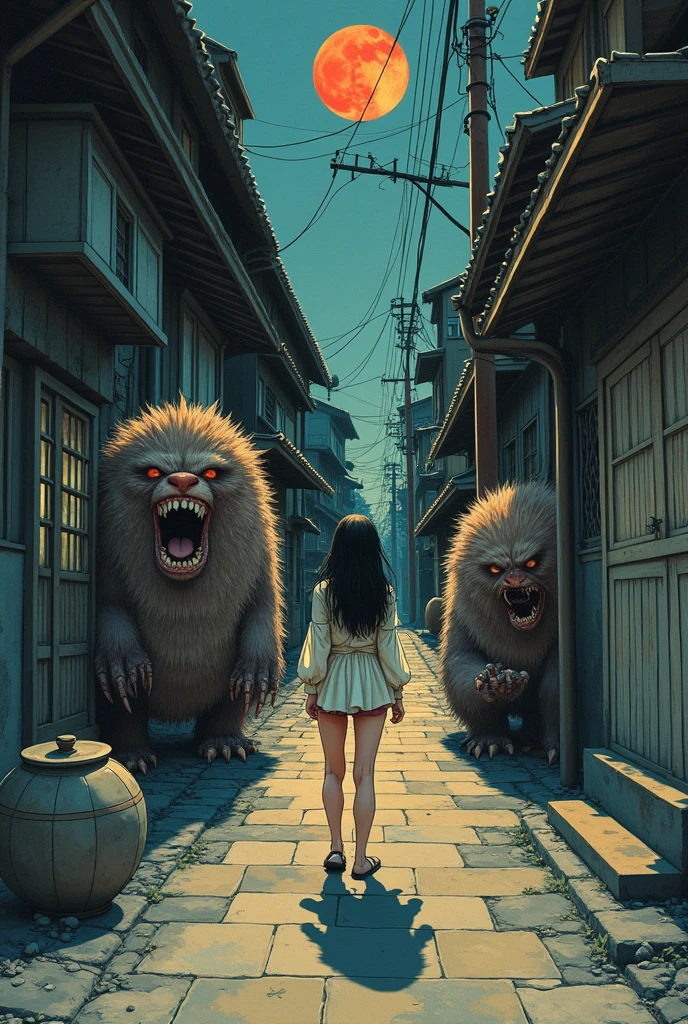 Anime style illustration of a Japanese girl being raped in an alley by Japanese monsters in 1970
