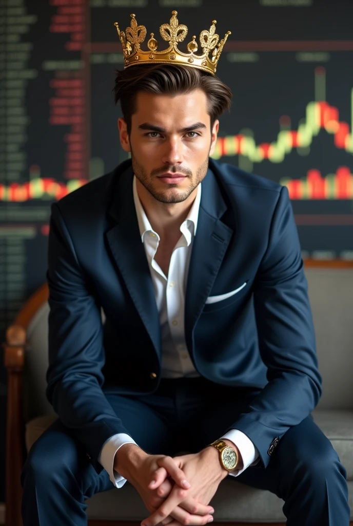 A cool looking young slim guy with brown hair. Wearing a suit and a gold crown on his head sat on top of a trading chart.
