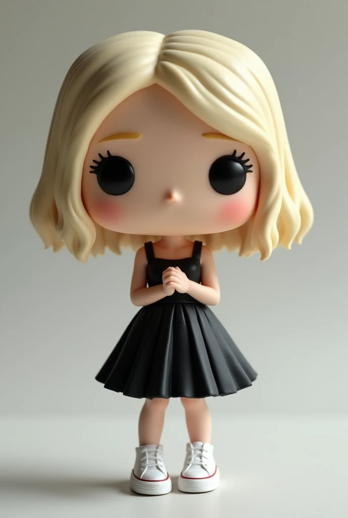 Make a Funko Pop of a Delicate Girl, blonde wearing a black dress with white all star