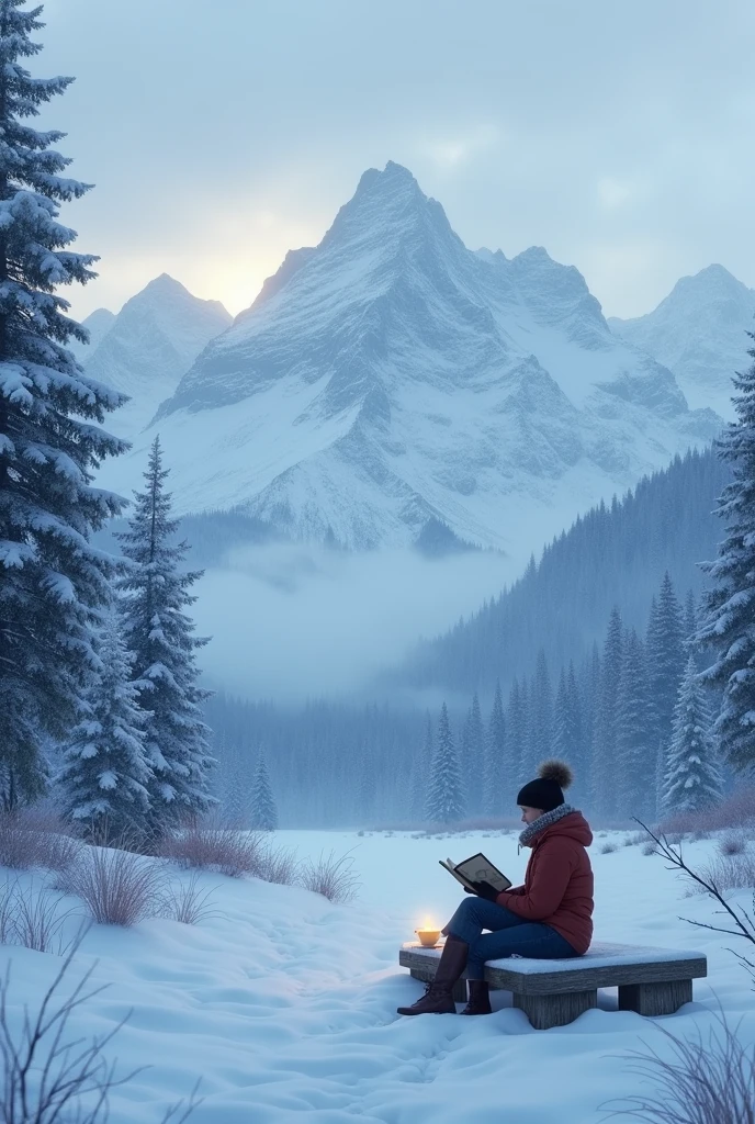 "Create a serene winter landscape with high snow-covered mountains in the background under dim sunlight. In the foreground, depict a tranquil scene where a person is sitting on a wooden bench, sipping a cup of tea, and reading a book. The atmosphere should convey calm and peacefulness, with soft, diffused lighting highlighting the snowy environment and the person enjoying a quiet moment."