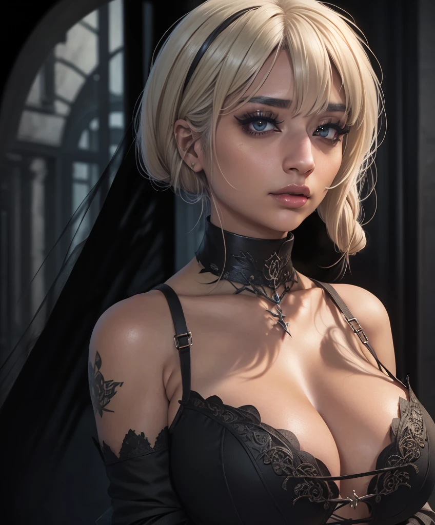 (centered, upper body, 1girl, woman, smirk, looking at viewer:1.1), (wide shot:1.4), (((SFW image.))) (((Lusty smirk.))) Dark and eerie dungeon n background. Sexy female fantasy character with blonde hair in braids, wearing dark clothes. She is a bandit wearing brown and black medieval fantasy attire. She looks sexy, dangerous and rugged. Nice muscles, nice breasts. Confident and imposing. , gorgeous face, sexy mouth, Dungeons & Dragons character portrait, intricate details, ultra detailed, ultra detailed clothes,, epic masterpiece, ultra detailed, intricate details, award winning, fantasy art concept masterpiece, trending on Artstation, digital art, unreal engine, 8k, ultra HD, centered image masterpiece:1.2, photorealistic:1.2, girl focus, volumetric lighting, glossy skin, shiny skin,