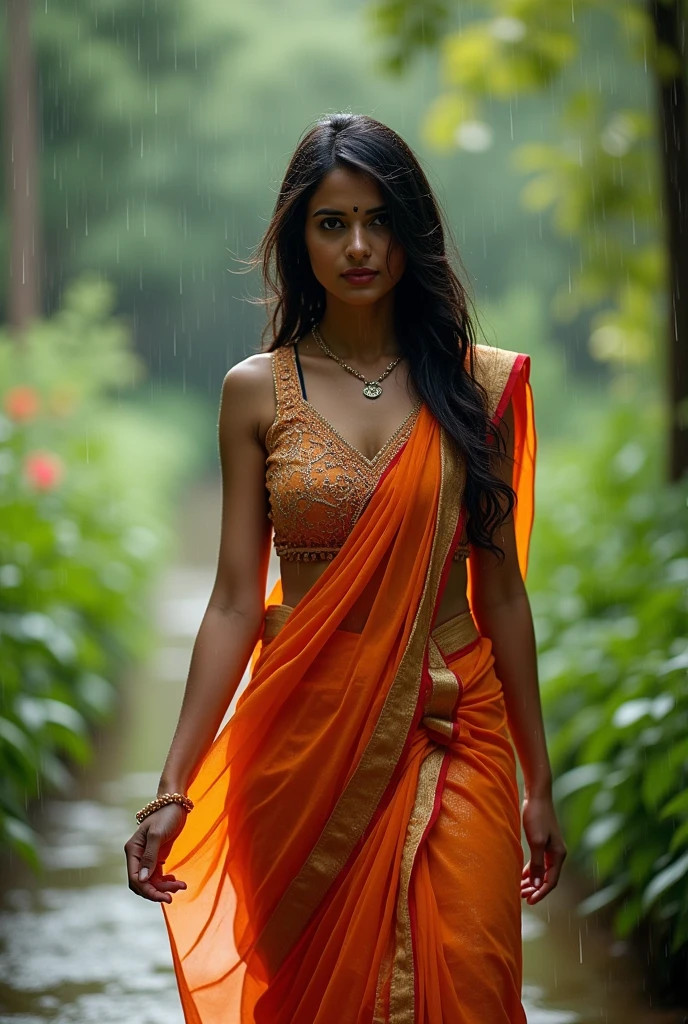 a sexy girl walking in garden and she wearing topless and low west saree and she is fully get dranced in rain and her boobs are so tight in blouse  