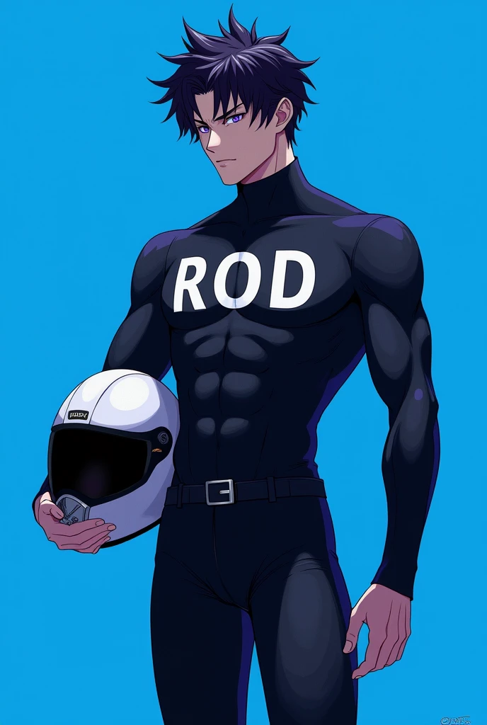 naughty man,smooth face like anime,right pupil purple color,black leagwear,wearing a motorcycle helmet,ROD written in the center of the garment,blue background,HD.