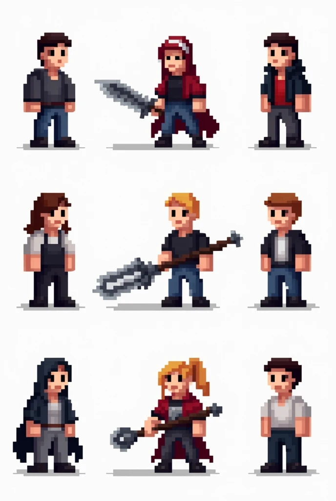 Eight pixelated magic game characters containing 4 male and 2 female characters. The characters are from a 2D game. The characters must look like teenagers and each character must carry a type of weapon. Image background must be 100% white. A female character must be black. A male character must be black. Make characters younger.