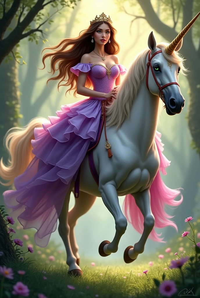 An adult princess with long brown hair and green eyes, waering a purple and pink dress riding a unicorn in an enchanted forest.