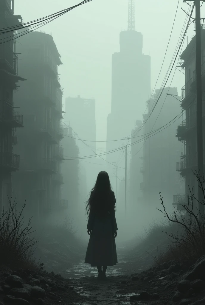 I want a photo of a destroyed city with the color black with fog with the character she has long hair she is already an adult from the front little vegetation 
