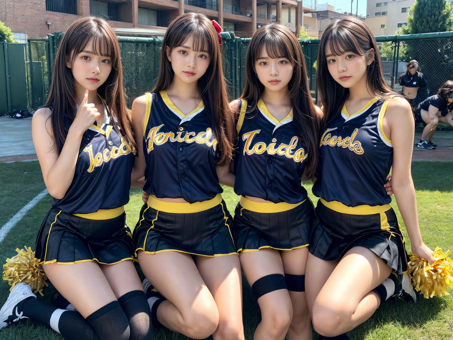 masterpiece, best quality, illustration, Super detailed, fine details, High resolution, 8K,wall paper, perfect dynamic composition,(Details High quality, realistic depiction of eyes:1.3), (3 girls), BREAK (cheerleader uniform with yellow as basic color:1.3), (holding a yellow pompoms in hand:1.4), (sleeveless yellow tunic with baseball team logo:1.4), yellow tops, (bold V-neck:1.3), ((Blue lines, black lines) on tops:1.3), ((fit and flare, A-line):1.3), (A-line yellow rah-rah skirt:1.3), mini skirt, (black socks:1.3), (sports shoes:1.2), sitting, open legs, short bob hair, in a hotel room in the background, deep on field, large breasts, black hair color, Big Natural Color Lip, (perfect body shape), crying a little、Harajuku style、20 year old girl、cute type、beautiful legs, Gravure Idol