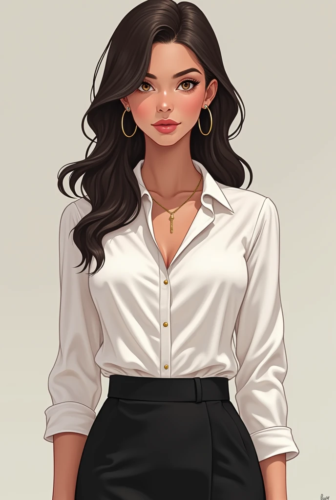 A 36-year-old women has ((brown)) skin, long dark brown hair and hazel eyes. She is 5'6" tall, slim and curvy. She is wearing a white silk blouse and a black pencil skirt. Subtle makeup with nude lipstick, {{anime style.}}
