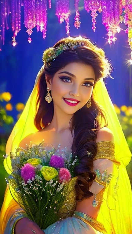 (a beautiful woman in a stunning gown of flowing silk with a radiant smile and captivating eyes),vibrant colors,highres,ultra-detailed,sharp focus,soft lighting,realistic,fantasy-inspired,portraits,subtle color palette,ethereal glow,fairytale,graceful,pastel shades,enchanted garden,lovely flowers,twinkling lights,whimsical ambiance