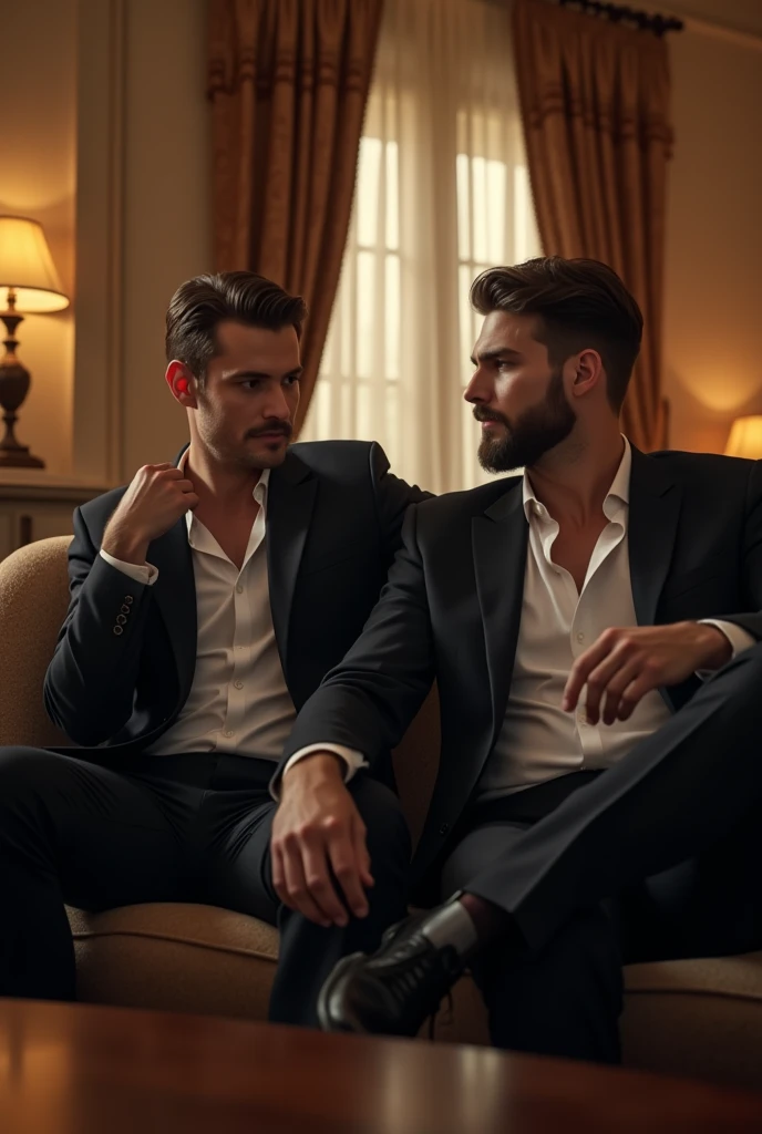 Two men sitting on the couch in a luxurious house are planning their robbery