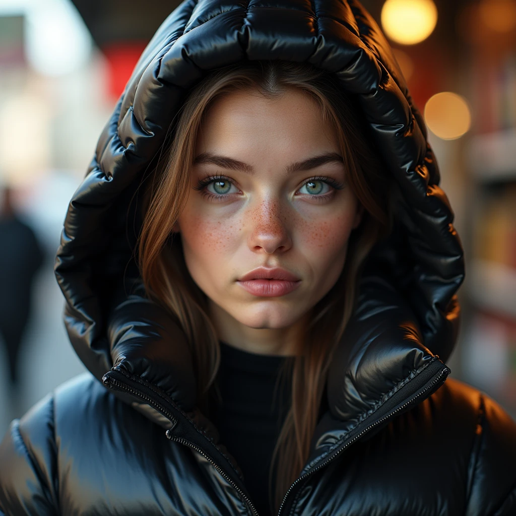 complete portrait of a slim ponytail 16 year old girl,beautiful detailed eyes,beautiful freckles,beautiful detailed lips,extremely detailed eyes and face,longeyelashes,in beautiful detailed hooded  formfitting duvetica overfilled shiny super gleamy super thick glossy opened puffer jacket covering her zipped padded vest,latex  stirrup legging,symmetrical,standing in a pufferstore,masterpiece,cinematic,lifelike,hyperrealistic,8k,photorealistic,highly detailed,intricate,exquisite,elegant,beautiful,stunning, full body photo