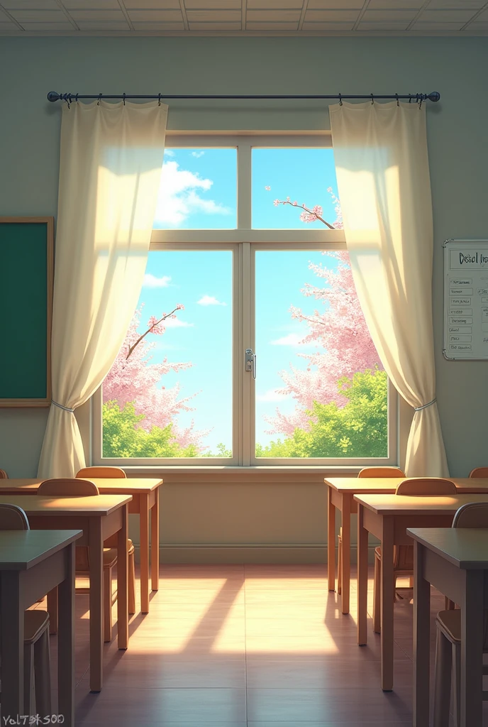 Cold weather, fragrant breeze, spring, classroom, warm, cherry blossoms, fresh greenery, deserted, no one, curtains swaying in the wind