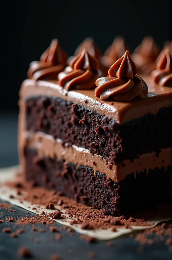 cinematic film still chocolate, chocolate cake, dark background, quality photo, moist texture, frosting, studio photo, slice . shallow depth of field, vignette, highly detailed, high budget, bokeh, cinemascope, moody, epic, gorgeous, film grain, grainy