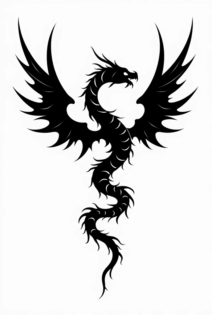 A detailed but not so realistic black and white symbol of a snake with wings