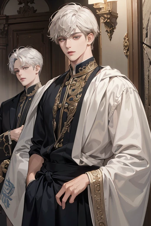 (Very handsome :1.2), 8K,(masterpiece:1.0),(the best_quality:1.0), 2 boys, and intricate details, Enlarged texture, and intricate details, Delicate eyes and delicate face, and intricate details, White hair, Dark brown long hair, (Shut up), Hazel Green Eyes, Tired eyes, Equal eyes, Carolina Eyes (Human Male) Wearing modern ancient clothing