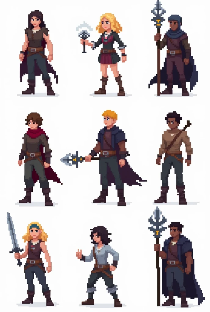 Eight pixelated magic game characters containing 3 male and 3 female characters. The characters are from a 2D game. The characters must look like agers and each character must carry a type of weapon. Image background must be 100% white. A female character must be black. A male character must be black. Make characters younger.
