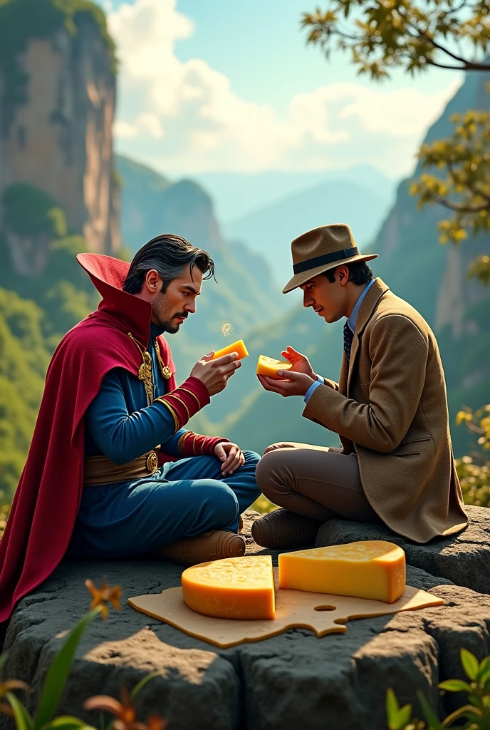 Create Doctor Strange and Sherlock Holmes eating cheese in Minas Gerais 