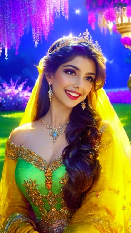 (a beautiful woman in a stunning gown of flowing silk with a radiant smile and captivating eyes),vibrant colors,highres,ultra-detailed,sharp focus,soft lighting,realistic,fantasy-inspired,portraits,subtle color palette,ethereal glow,fairytale,graceful,pastel shades,enchanted garden,lovely flowers,twinkling lights,whimsical ambiance