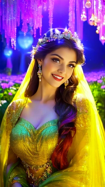 (a beautiful woman in a stunning gown of flowing silk with a radiant smile and captivating eyes),vibrant colors,highres,ultra-detailed,sharp focus,soft lighting,realistic,fantasy-inspired,portraits,subtle color palette,ethereal glow,fairytale,graceful,pastel shades,enchanted garden,lovely flowers,twinkling lights,whimsical ambiance