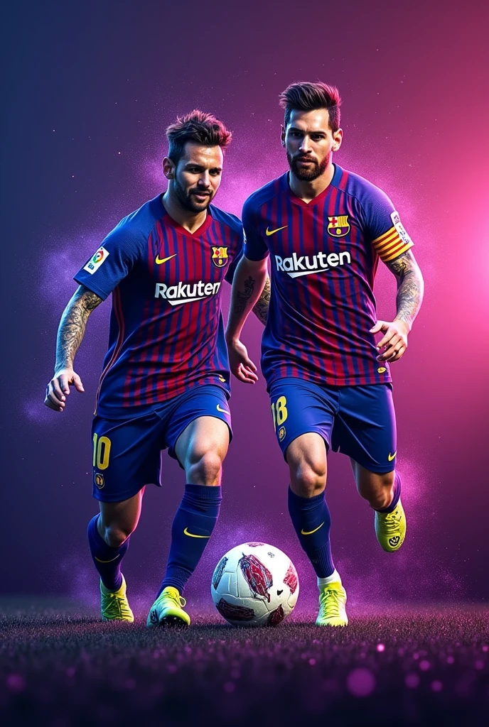 Generate a banner of the footballer Neymar and Messi and put Messi on the left side and NEYMAR JR on the right side. with a purple background and black sparkles that says ahmed in the middle of the banner