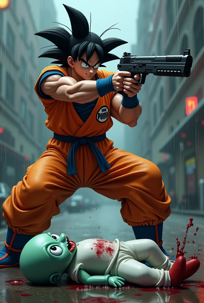Goku dressed in an orange puma sweater pointing an uzi at Squidward while he is lying on the ground all wounded and bloody dressed in white Nike while it is raining