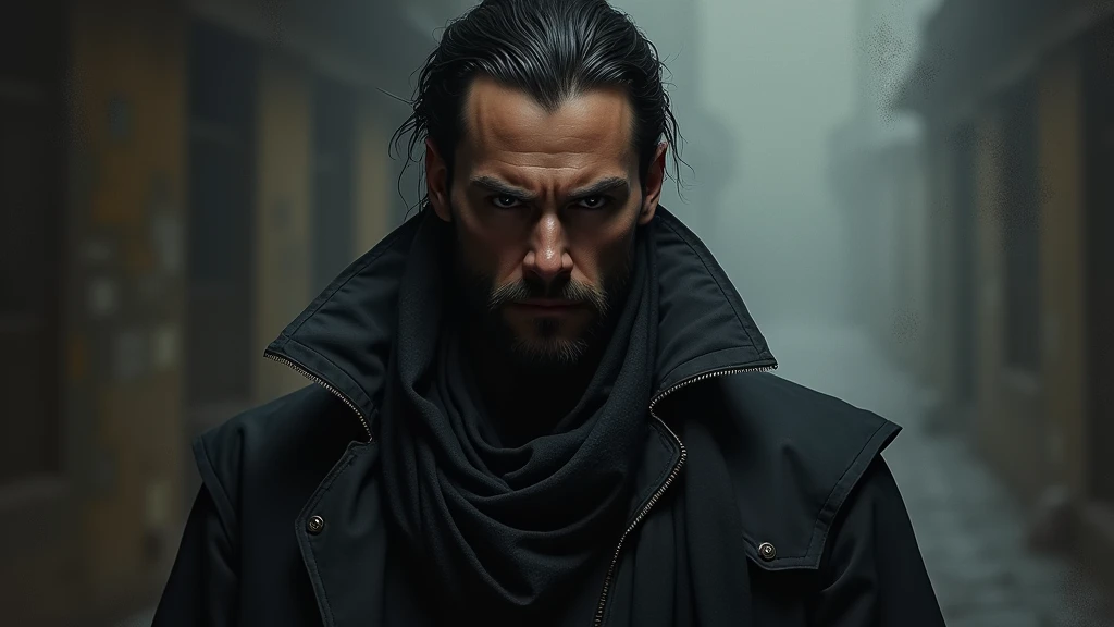 Create a hyper-realistic image featuring Andrew Tate prominently in the center. The expression on this figure's face should be one of deep contemplation. Andrew Tate, illustrate a 'Bandit' character, dressed in dark, rugged clothing, with a mischievous yet somber expression. The background should be dramatic, perhaps a shadowy alley or an abstract blend of concepts representing intellect and cunning. The lighting should create a moody atmosphere, emphasizing the contrasting emotions of the characters—intelligence on one side, cunning on the other.
