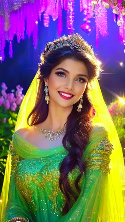 (a beautiful woman in a stunning gown of flowing silk with a radiant smile and captivating eyes),vibrant colors,highres,ultra-detailed,sharp focus,soft lighting,realistic,fantasy-inspired,portraits,subtle color palette,ethereal glow,fairytale,graceful,pastel shades,enchanted garden,lovely flowers,twinkling lights,whimsical ambiance