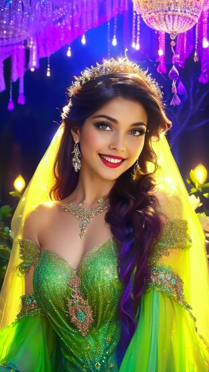 (a beautiful woman in a stunning gown of flowing silk with a radiant smile and captivating eyes),vibrant colors,highres,ultra-detailed,sharp focus,soft lighting,realistic,fantasy-inspired,portraits,subtle color palette,ethereal glow,fairytale,graceful,pastel shades,enchanted garden,lovely flowers,twinkling lights,whimsical ambiance
