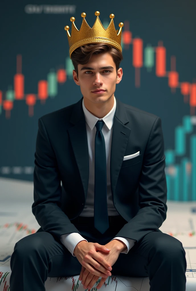 A cool looking young slim guy aged 18 with brown hair and no beard. Wearing a suit and a gold crown on his head sat on top of a trading chart.  He looks young and his hair is short. 
