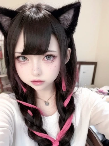 Create a highly detailed and realistic illustration of Catwoman (Cat girl). Characters should have large, expressive eyes,With a little anime style, The freckles on her cheeks, And soft makeup. Her hair should be a mix of dark purple and pink, Slightly messy but charming, Cat ears sticking out from the top. She should be wearing traditional Japanese clothing with intricate patterns,Wearing a red string necklace. The overall style should combine reality and fantasy.