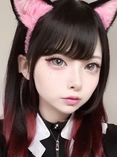 Create a highly detailed and realistic illustration of Catwoman (Cat girl). Characters should have large, expressive eyes，With a little anime style, The freckles on her cheeks, And soft makeup. Her hair should be a mix of dark purple and pink, Slightly messy but charming, Cat ears sticking out from the top. She should be wearing traditional Japanese clothing with intricate patterns，Wearing a red string necklace. The overall style should combine reality and fantasy.