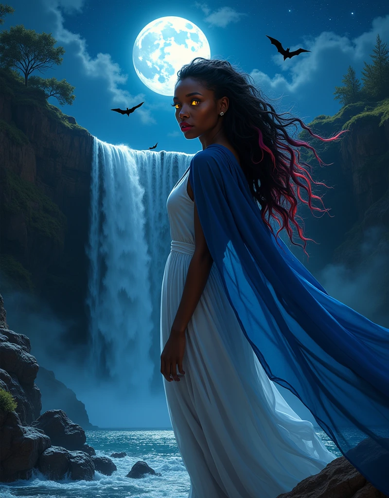 an (anime art portrait: 1.3) picture of an exquisite beautiful female African vampire standing under the starry night sky at the base of the waterfall, ultra feminine, busty, small cleavage black skin, dynamic hair color, wavy hair, dynamic eyes color, (yellow glowing eyes: 1.3), (vampire fangs: 1.5), cold eyes, glowing eyes, intense eyes, dark red lips, wearing white dress, wearing blue cloak, ultra best realistic, best details, best quality, 16k, [ultra detailed], masterpiece, best quality, (extremely detailed), photorealism, depth of field, hyper realistic painting, sky full of stars background, moon, bats flying about, high details, best quality, 8k, [ultra detailed], masterpiece, best quality, (ultra detailed),