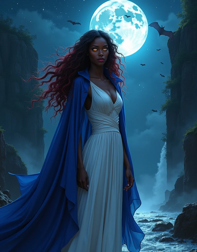 an (anime art portrait: 1.3) picture of an exquisite beautiful female African vampire standing under the starry night sky at the base of the waterfall, ultra feminine, busty, small cleavage black skin, dynamic hair color, wavy hair, dynamic eyes color, (yellow glowing eyes: 1.3), (vampire fangs: 1.5), cold eyes, glowing eyes, intense eyes, dark red lips, wearing white dress, wearing blue cloak, ultra best realistic, best details, best quality, 16k, [ultra detailed], masterpiece, best quality, (extremely detailed), photorealism, depth of field, hyper realistic painting, sky full of stars background, moon, bats flying about, high details, best quality, 8k, [ultra detailed], masterpiece, best quality, (ultra detailed),