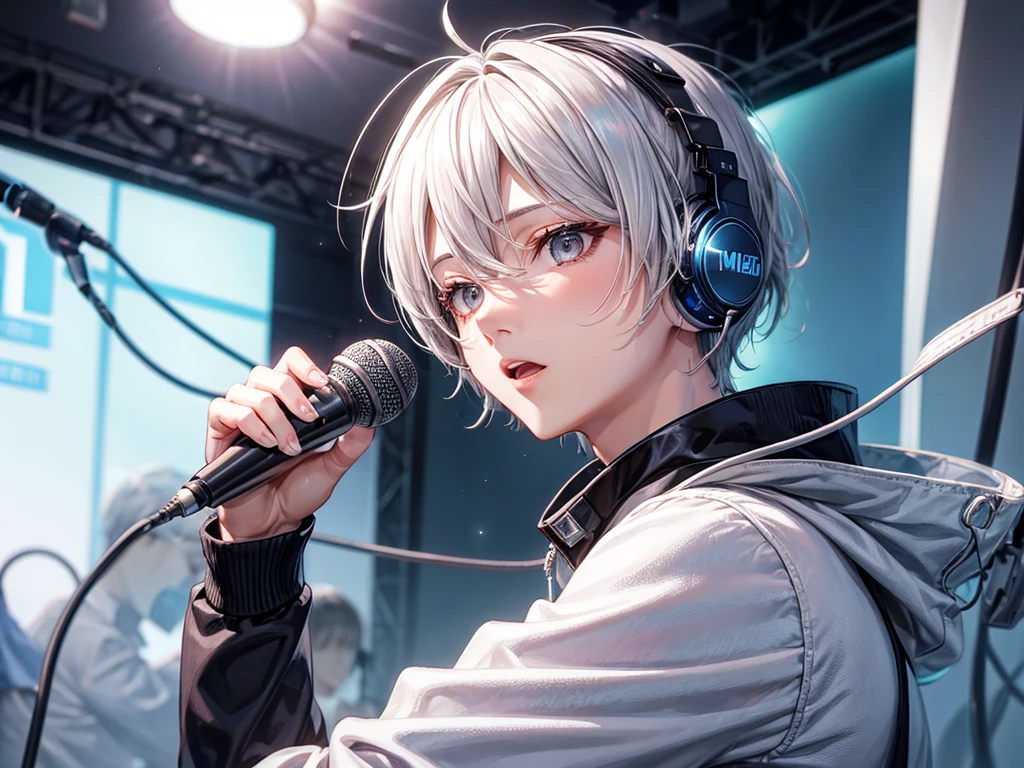 Silver Hair Short、Man with slanted eyes、sing、microphone、headphone、Earrings