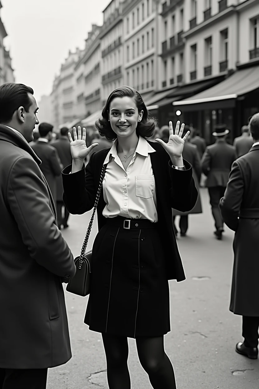 monochrome film, Monotone color ,1944 years, Liberation of Paris、Happy Crowd、 A Parisian girl , 21 years-old, beautiful girl, （big smile), make V sign,  1 bag, on street ,in Paris cafe, standing pose, around Paris people with French frag, noon
(Surrealism, UHD, masterpiece, retina, accurate, anatomically correct, super detail, high details, high quality, best quality, highres, 4K)