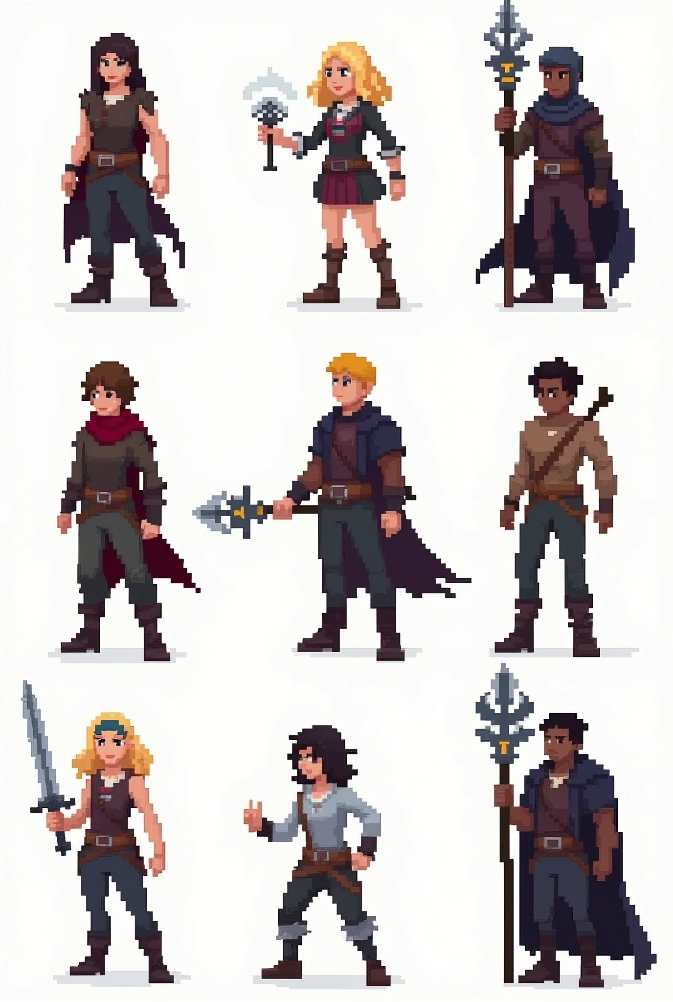 Eight pixelated magic game characters containing 3 male and 3 female characters. The characters are from a 2D game. The characters must look like teenagers and each character must carry a type of weapon. Image background must be 100% white. A female character must be black. A male character must be black. Make characters younger.