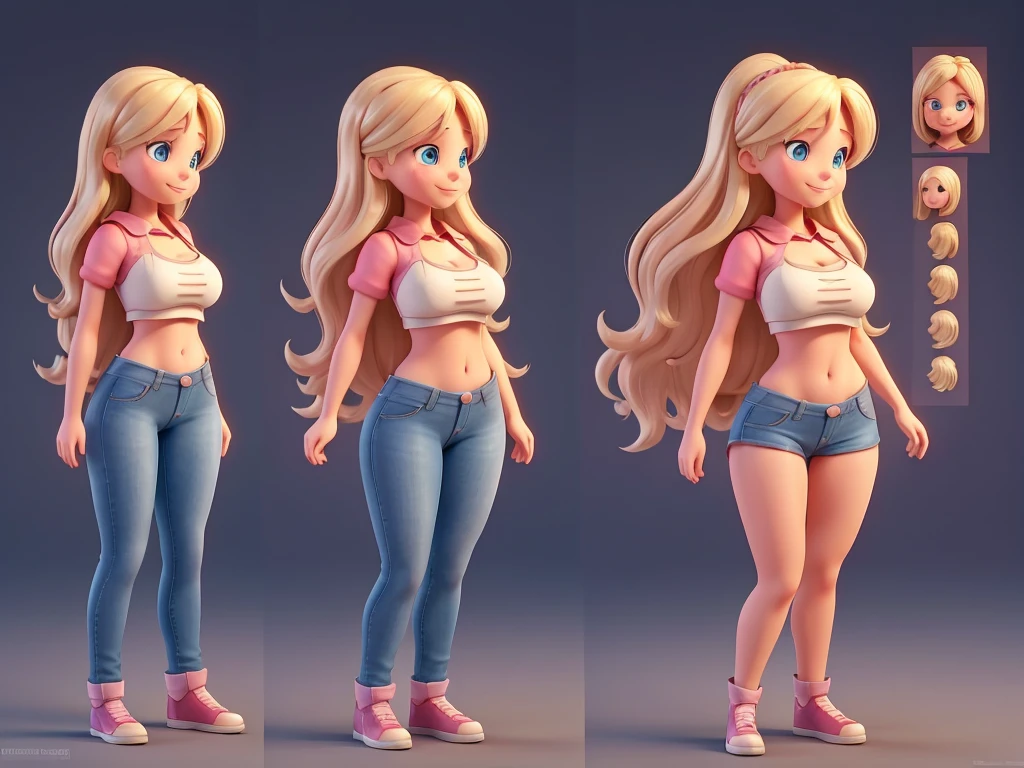 small woman, long dark blonde hair, cute face, cute smile, blue eyes, big boobs, slim waist, wide hips, huge ass, wide thighs, pink skin, multiple views of the same character, model sheet, character sheet, character sheet, front view, FEET TOGETHER, standing, arms outstretched to the sides, side view, profile view, standing, look to the right