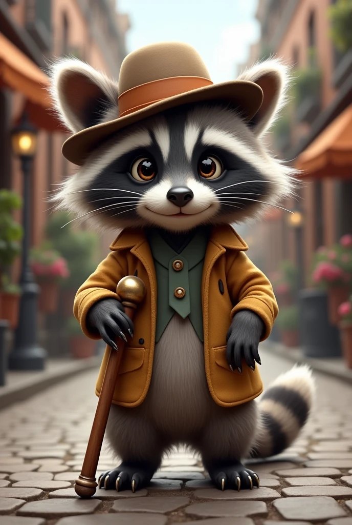 Cute raccoon with hat and cane